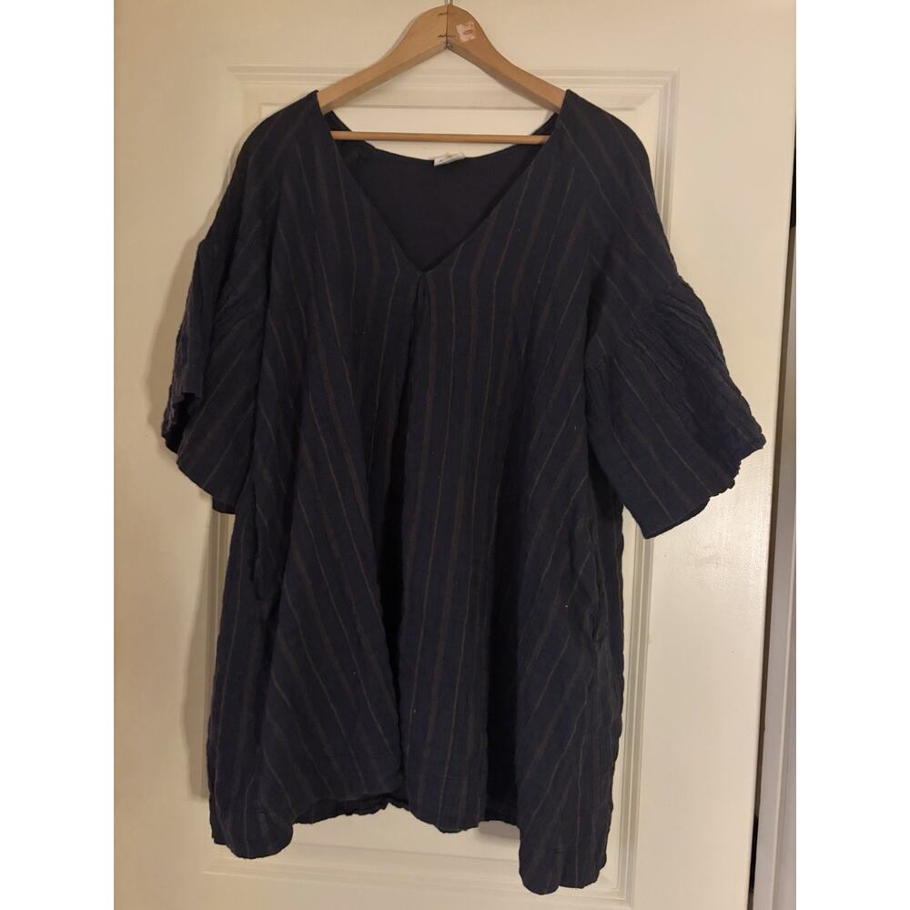 By Together Women’s Medium Boho Blouse Navy Striped Flowy V-Neck Peasant Top